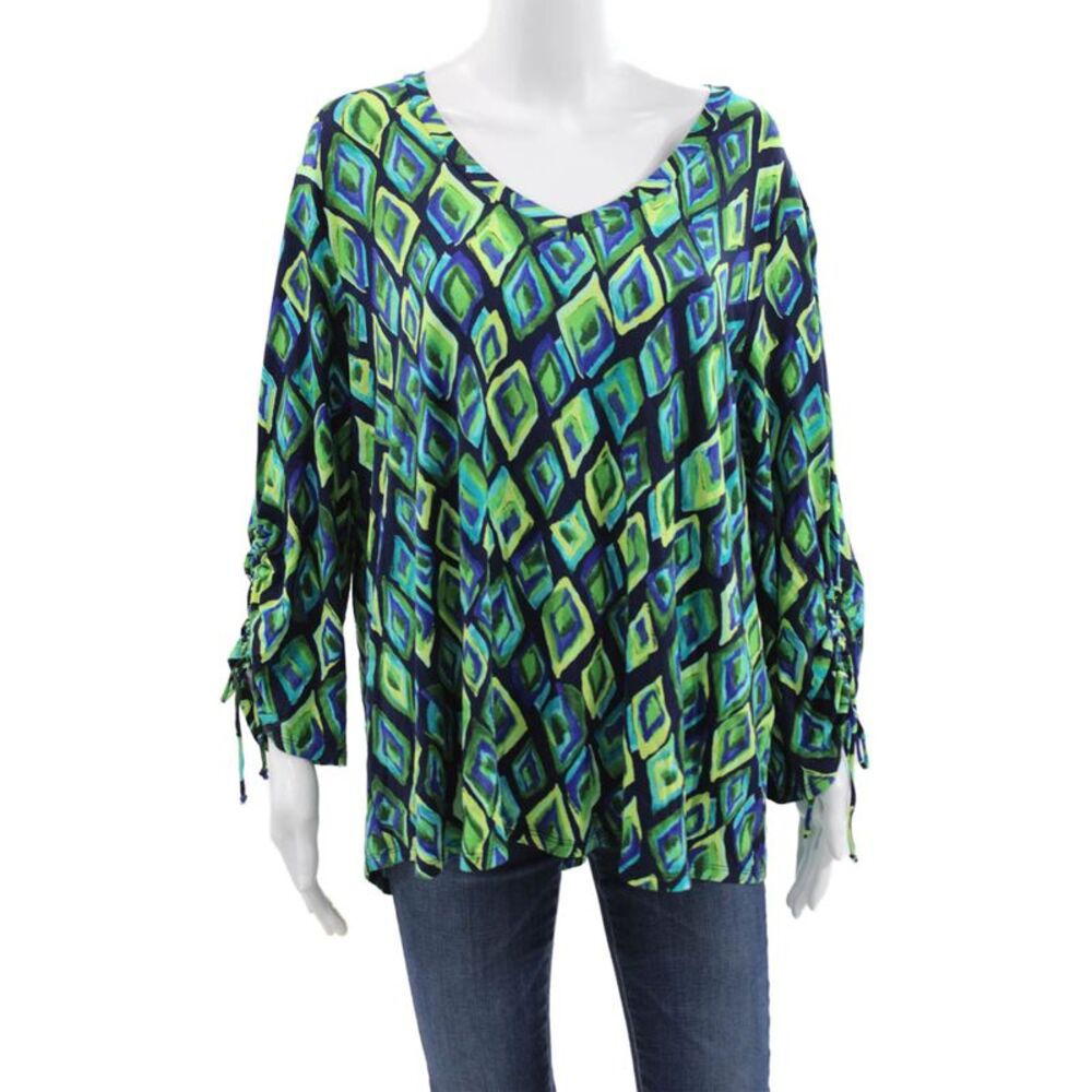 Pure Essence Women Blue Geometric V-Neck 3/4 Sleeve Rayon Blouse Size 2XL